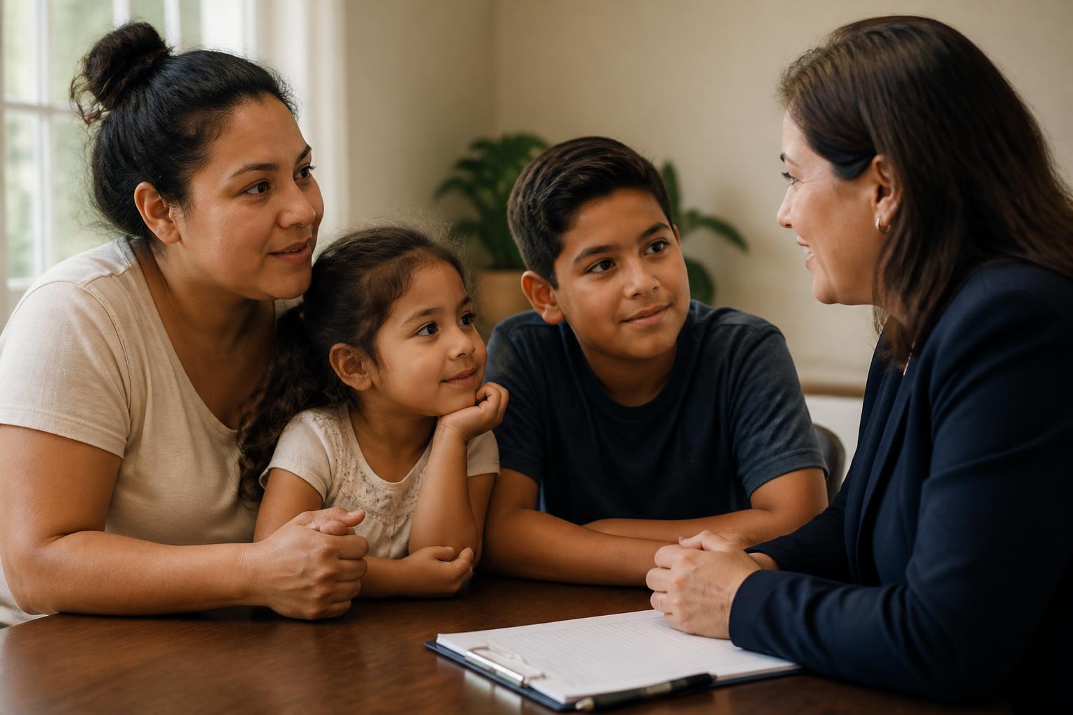 Madre con sus dos hijos conversando con una acompañante legal